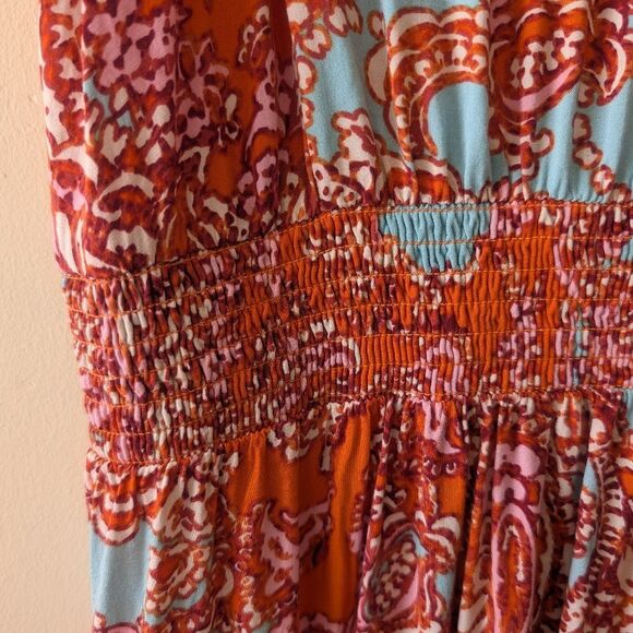 Ivy Street Sleeveless Maxi Sundress Women's Medium Orange Paisley Smocked Waist - Picture 5 of 8